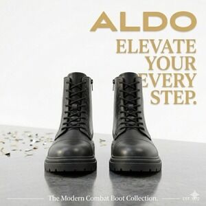 Aldo Men's Combat Boots – Modern Matte Black Lace‑Up with Side Zip, Size 11